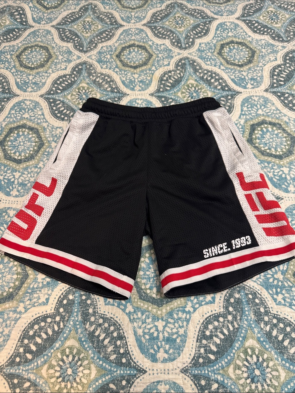 UFC Black Mesh Athletic Shorts with White & Red Trim